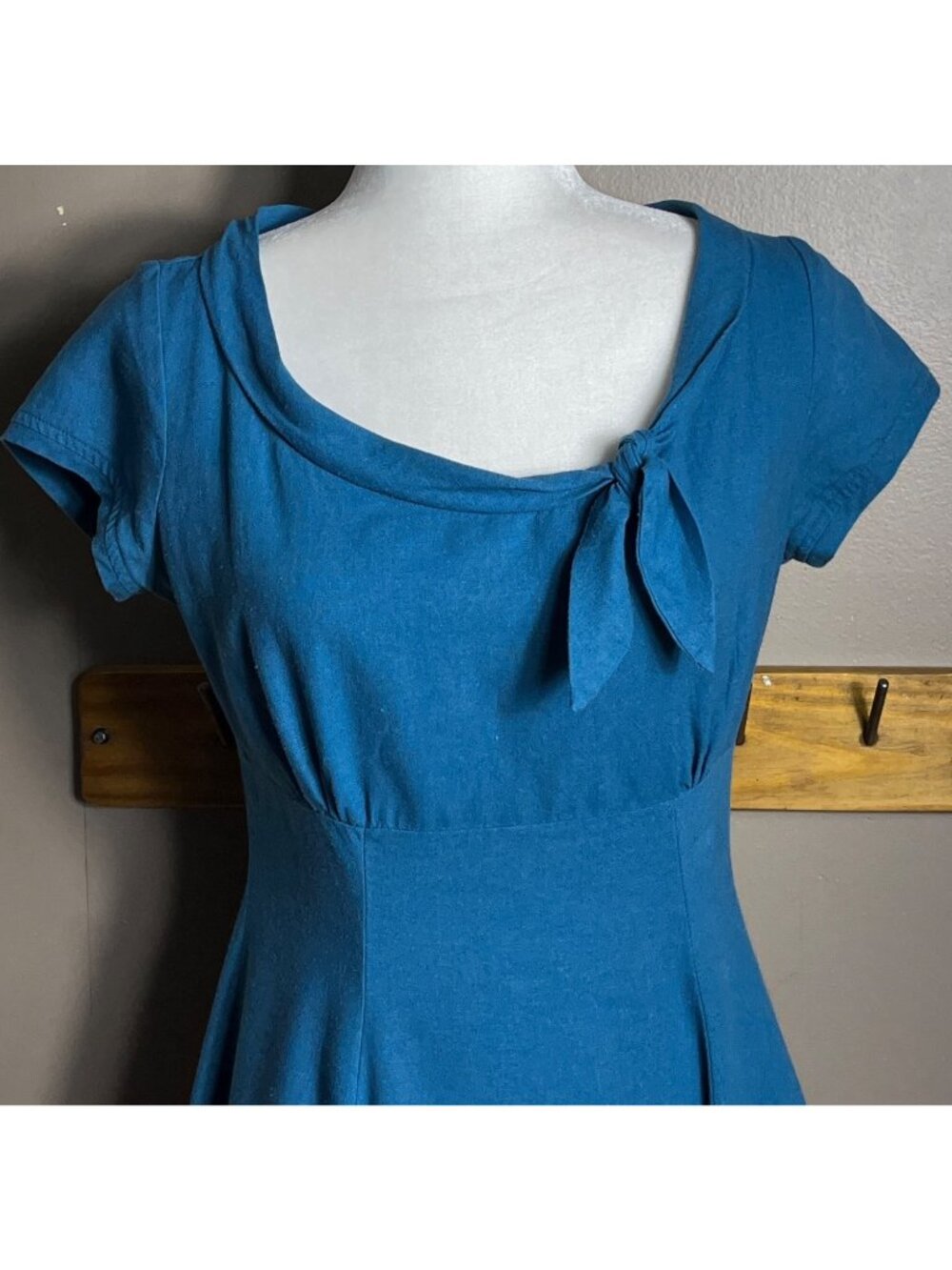 Vtg Heartbreaker Linen Blend Dress Fit Flare Empire Retro Blue Pin Up Midi Wom M - Picture 2 of 9